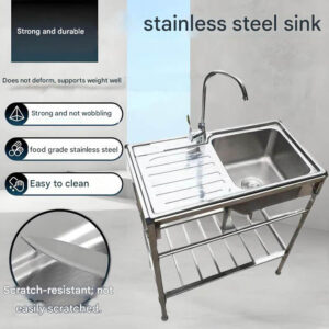 This kitchen sink features an integrated drain rack, is made of thickened stainless steel, has a single-basket vegetable washing area, and is a multi-functional kitchen work surface with a splash-proof design. It is easy to clean.