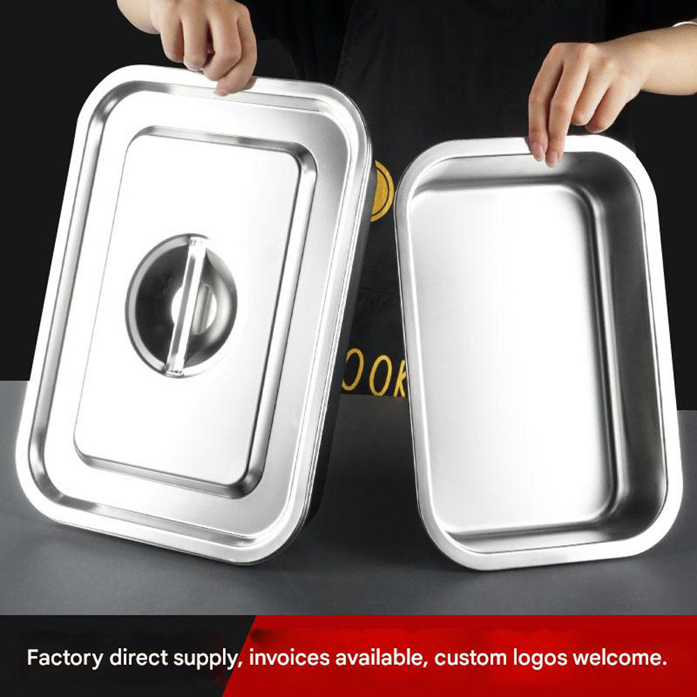 304 Stainless Steel Flat Bottom Square Bowl, Thickened Rectangular Tray with Lid, Buffet/Fast Food Bowl, Deepened Rice Steamer Tray - Image 5