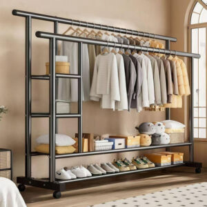 Extra Thick Double Pole Side Net Clothes Rack for Dormitories and Rental Houses, Portable Clothes Rack, Floor Standing Clothes Rack for Home Use, Outdoor Clothes Drying