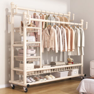 Clothes rack, floor-standing, portable, thickened and reinforced, double-pole clothes rack for home use.