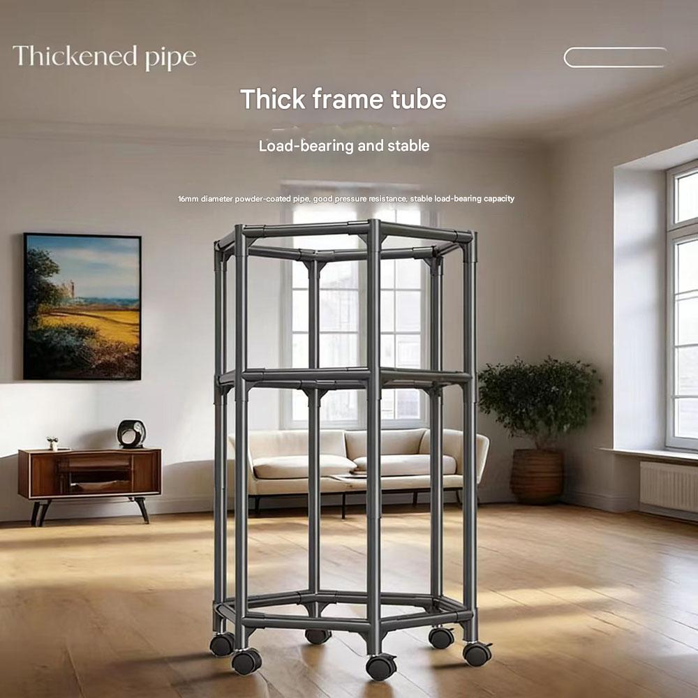 Extra Thick Hexagonal Clothes Rack with Mesh, Floor Standing Double Layer Clothes Rack, Bedroom Clothes Hanger, Mobile Storage Rack, Clothes Drying Rack - Image 2