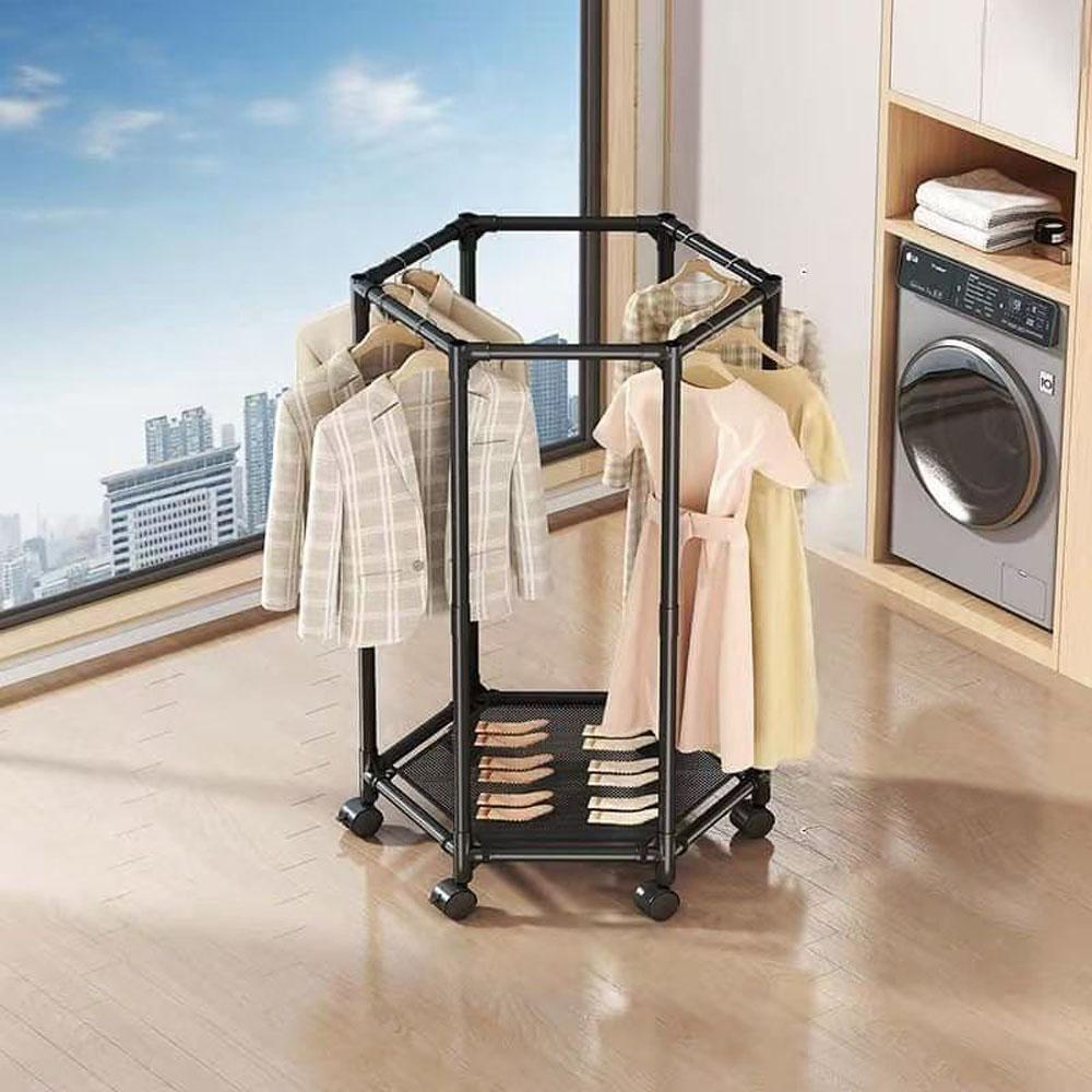 Extra Thick Hexagonal Clothes Rack with Mesh, Floor Standing Double Layer Clothes Rack, Bedroom Clothes Hanger, Mobile Storage Rack, Clothes Drying Rack - Image 3