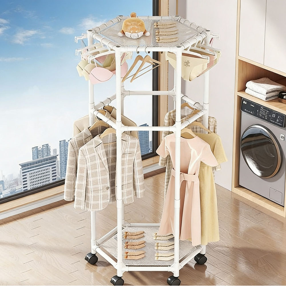 Extra Thick Hexagonal Clothes Rack with Mesh, Floor Standing Double Layer Clothes Rack, Bedroom Clothes Hanger, Mobile Storage Rack, Clothes Drying Rack - Image 4