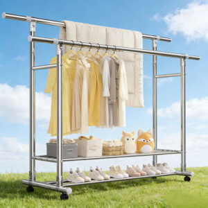 Stainless steel telescopic double-pole floor clothes rack, thickened portable clothes drying rack for balconies, perfect for drying bedding outdoors.