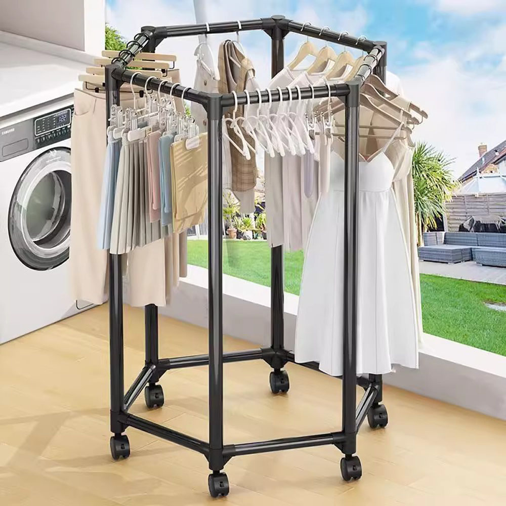 Extra Thick Hexagonal Clothes Rack with Mesh, Floor Standing Double Layer Clothes Rack, Bedroom Clothes Hanger, Mobile Storage Rack, Clothes Drying Rack - Image 5