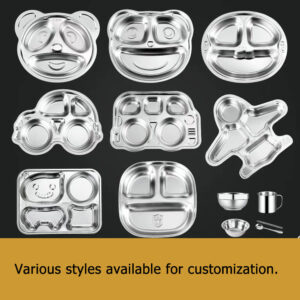 Animal-themed stainless steel dinner plate with modular compartment design; freely combinable patterns to stimulate your baby's creativity.