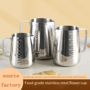 Stainless steel cup with scales inside and outside coffee measuring cup with thick pointed mouth, flower cylinder, milk bubble cup and milk kettle.