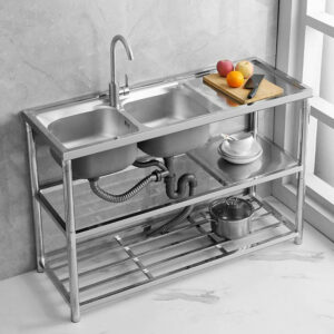 Extra-Thick, Reinforced, Non-Magnetic Stainless Steel Kitchen Sink — Integrated Countertop, Double Basin, with Stand — Ideal for Rental Properties and Apartments