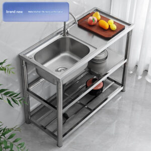 Stainless Steel Kitchen Sink with Countertop — Single or Double Bowl, Freestanding Washstand with Support Frame