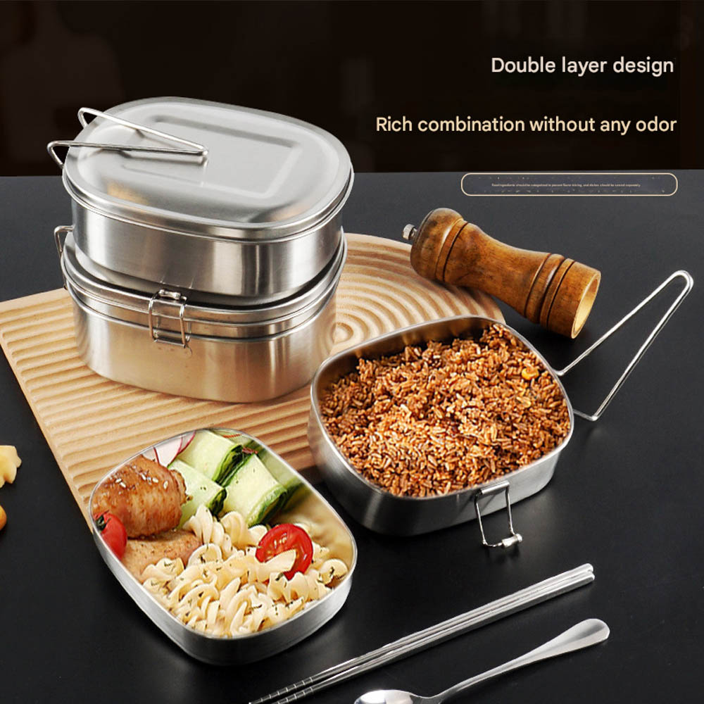 304 Stainless Steel Vintage-Style Lunchbox — Food-Grade, Double-Layered, Square Bento Box with Lid — Ideal Meal Container for Office Workers - Image 2