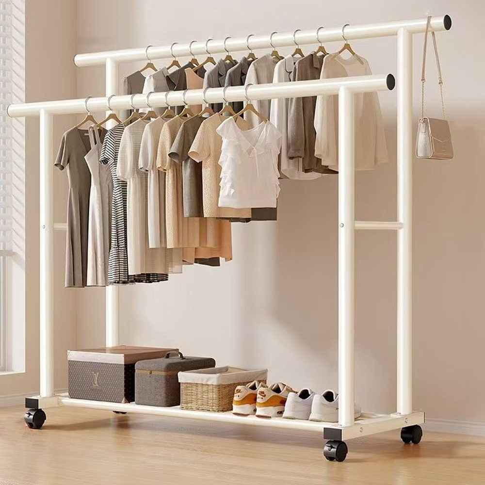 Extra-thick 32mm tubing floor-standing clothes rack, thickened and reinforced vertical clothes rack, coat rack, movable clothes hanger, double pole rack. - Image 2