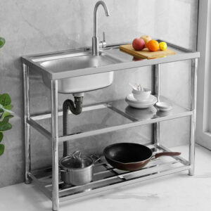 Extra-Thick, Reinforced, Non-Magnetic Stainless Steel Kitchen Sink — Integrated Countertop, Double Basin, with Stand — Ideal for Rental Properties and Apartments