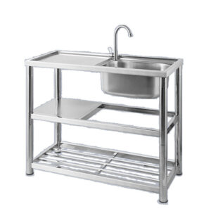 Stainless Steel Kitchen Sink with Countertop — Single or Double Bowl, Freestanding Washstand with Support Frame