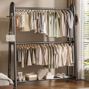 Double-layer floor-standing coat rack for bedroom, portable bedside coat rack, easy-to-use clothes drying rack